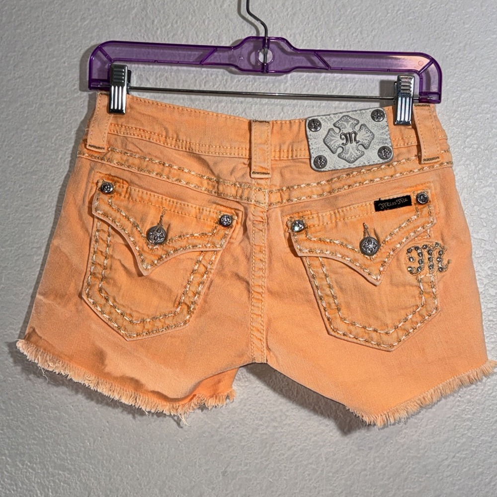 Miss Me Womens Neon Orange Denim Jean Shorts 26 Rhinestones Embellished Y2K Rave